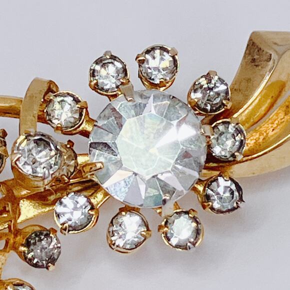 VTG 1950s Brooch Rhinestone Spray Leaf Mid Century Gold Tone Pin Jewelry Sparkly - Picture 3 of 11